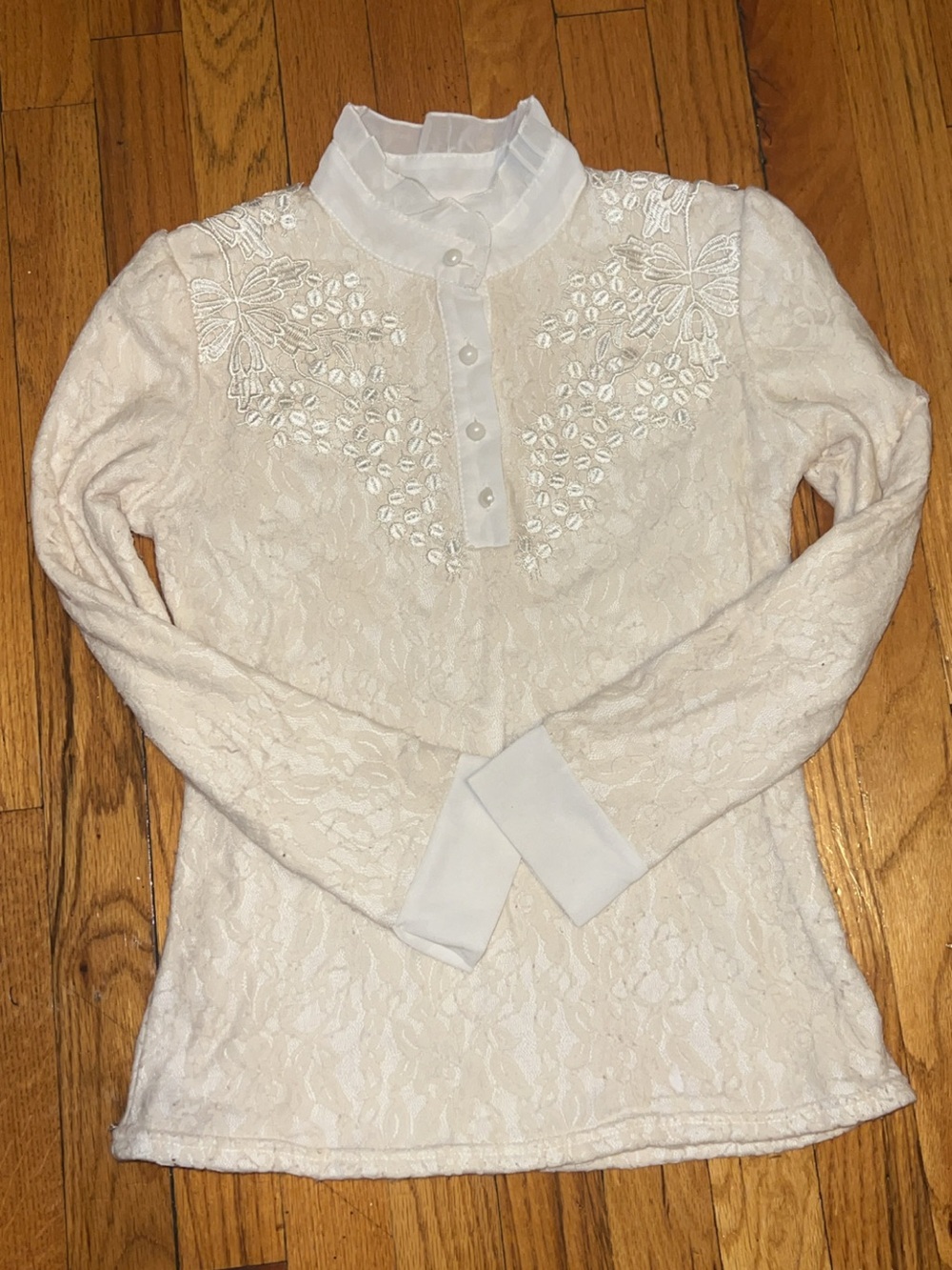 Women's White Lace Long-Sleeve Top with Embroidered Yoke